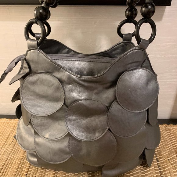 Handbags - Retro Scale Handbag - Gray with Black Beaded Handles